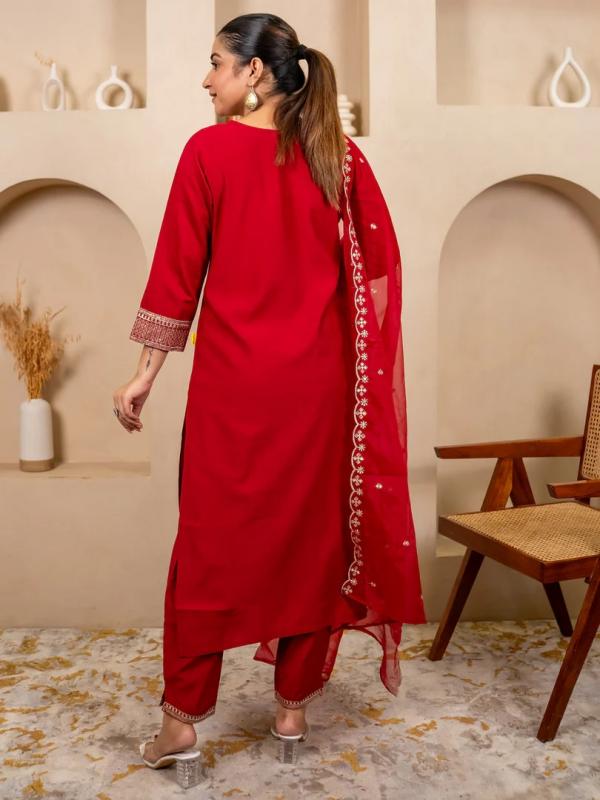 VP 9750 R Red Embroidered Silk Blend Suit Set With Dupatta